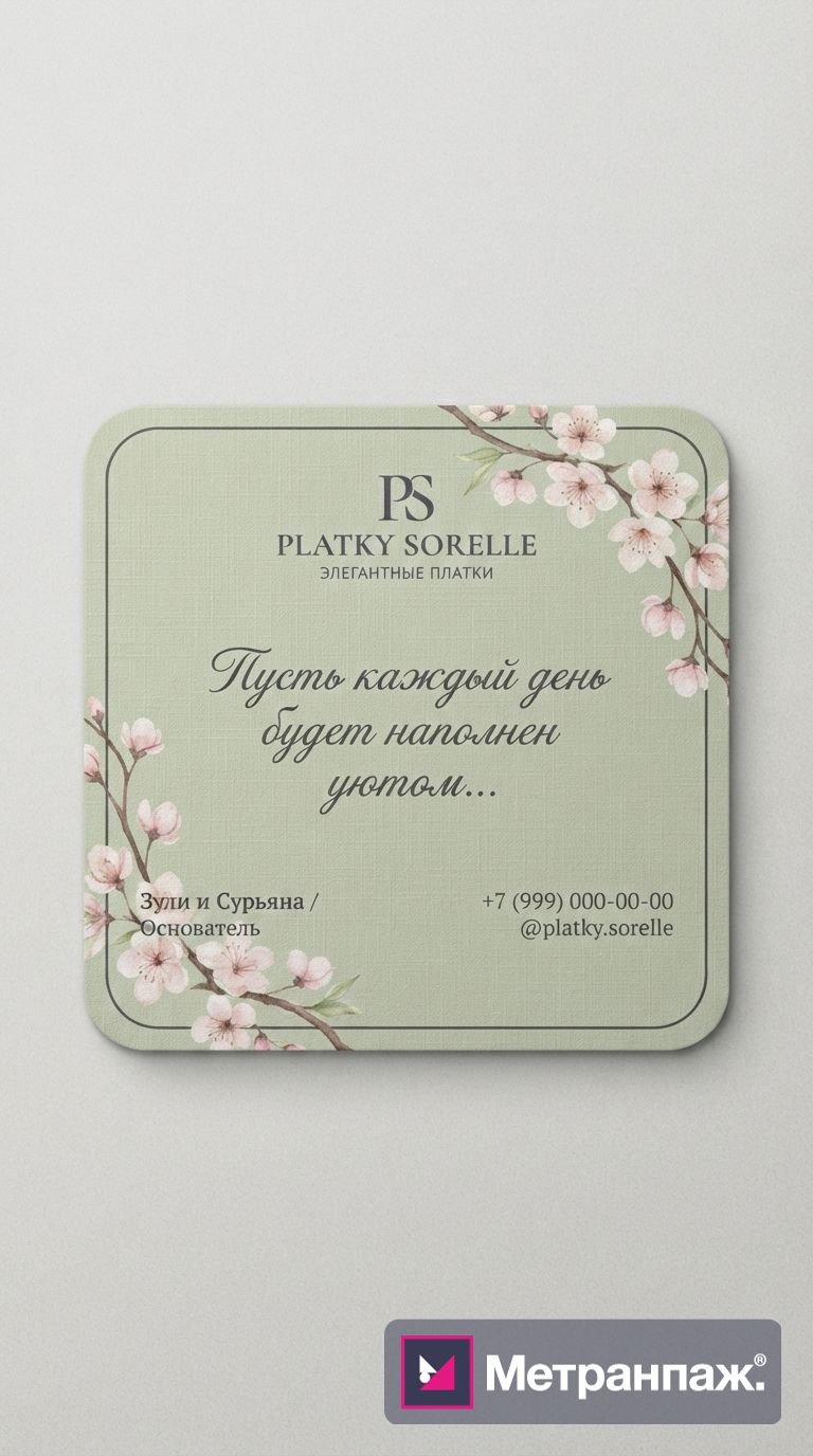 Визитка PS PLATKY SORELLE — односторонний дизайн с сакурой