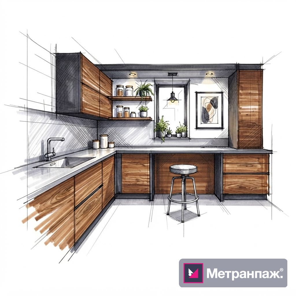 Современная кухня с деревянными фасадами в фас, иллюстрация