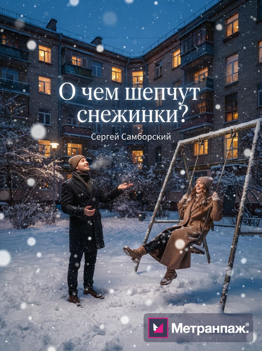 О чем шепчут снежинки? — романтическая обложка книги во дворе зимой