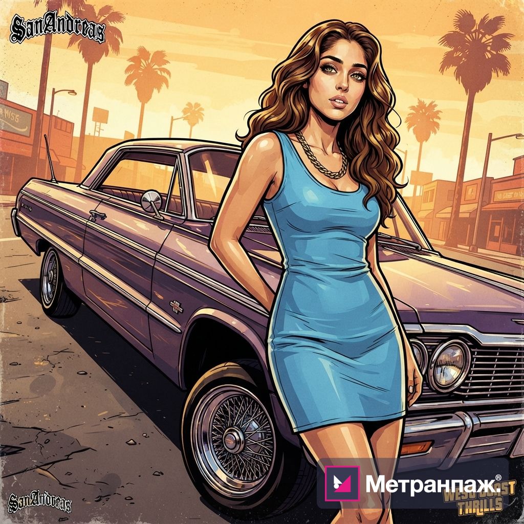 Девушка в голубом платье у ретро-автомобиля — постер в стиле GTA