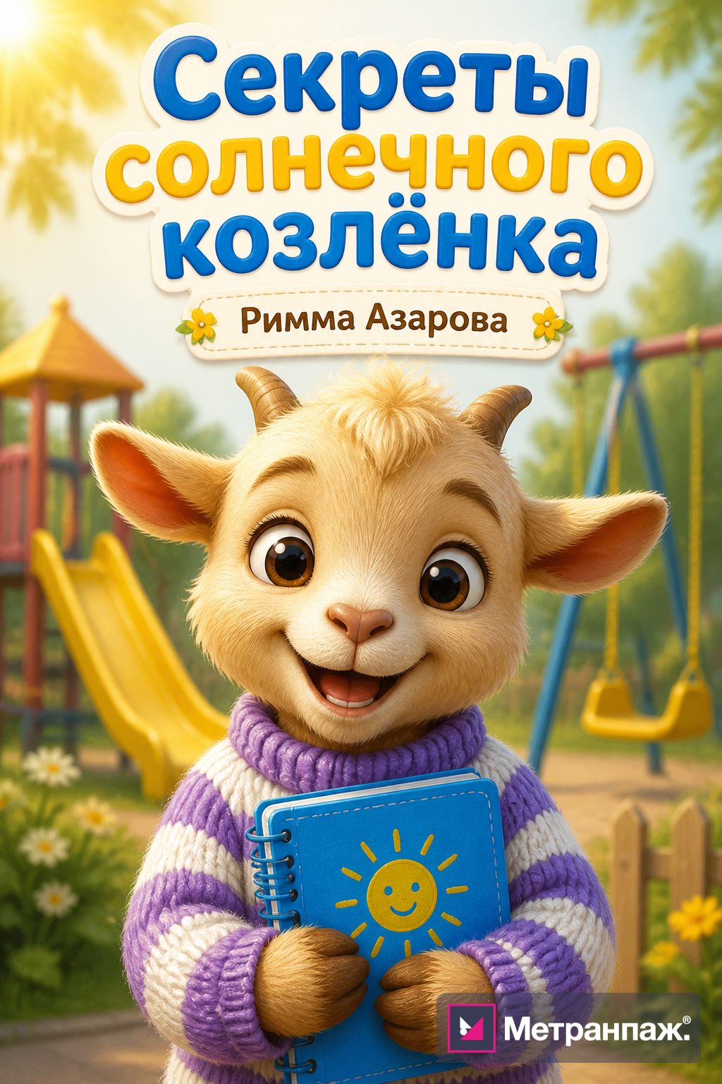Обложка детской книги: Солнечный козлёнок в свитере с блокнотом
