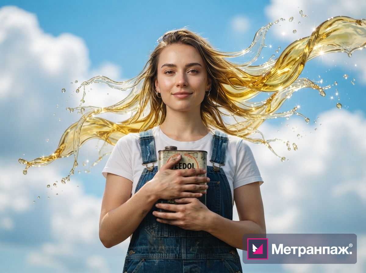 Девушка с волосами-струями золотистого масла держит канистру